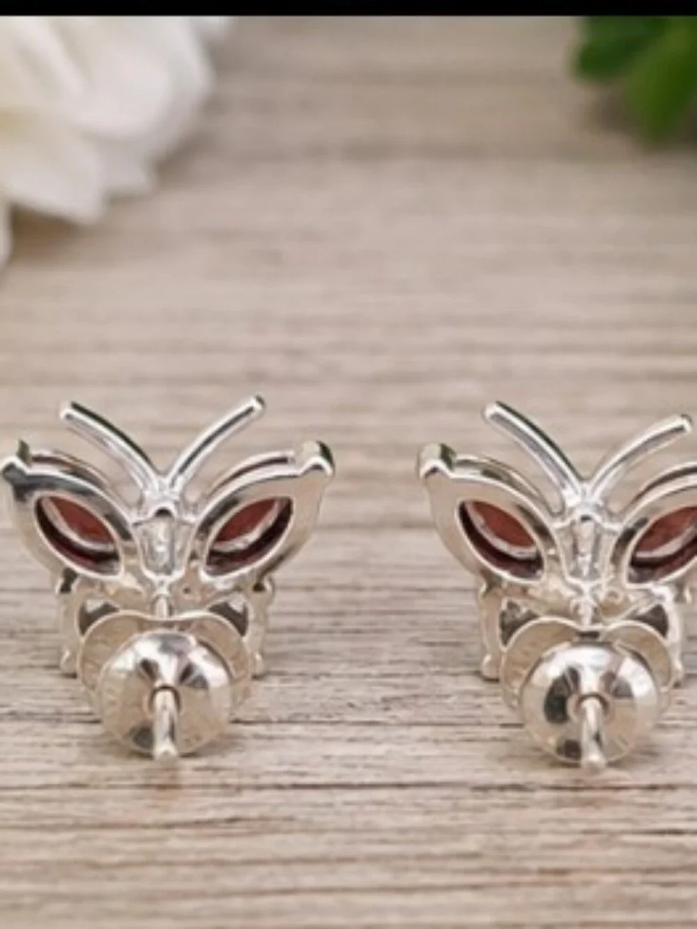Garnet And CZ Butterfly Earrings Post Back  Set In 925 Sterling Silver